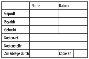 Tabellenstempel mit Lagertext "Gepr�ft, Bezahlt, Gebucht, ..."